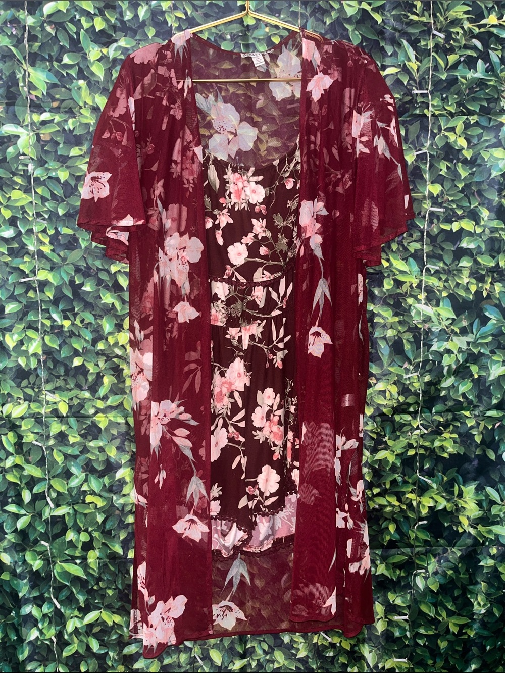 Rue21 Burgundy Floral Romper and Moral Fiber Sheer Kimono/Shorts Set